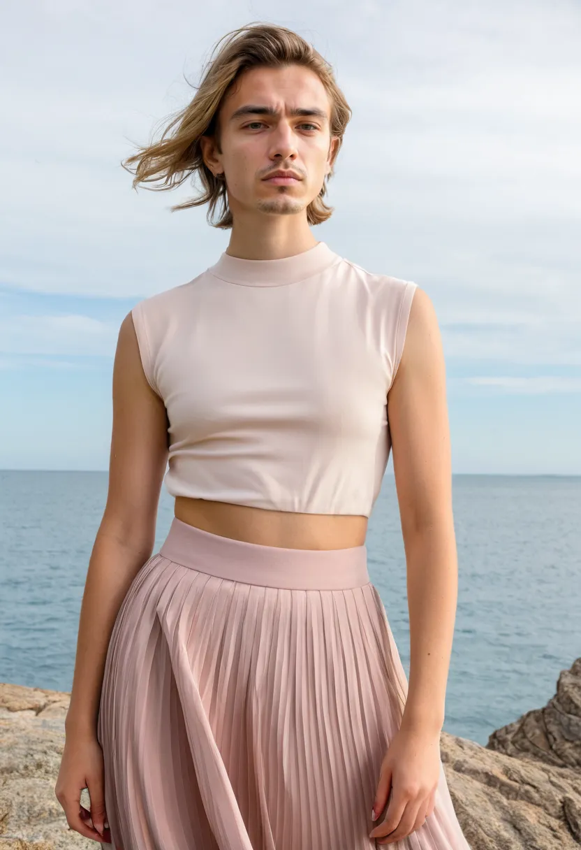 Man wearing a pleated midi skirt in soft blush pink chiffon with sharp knife pleats by the sea