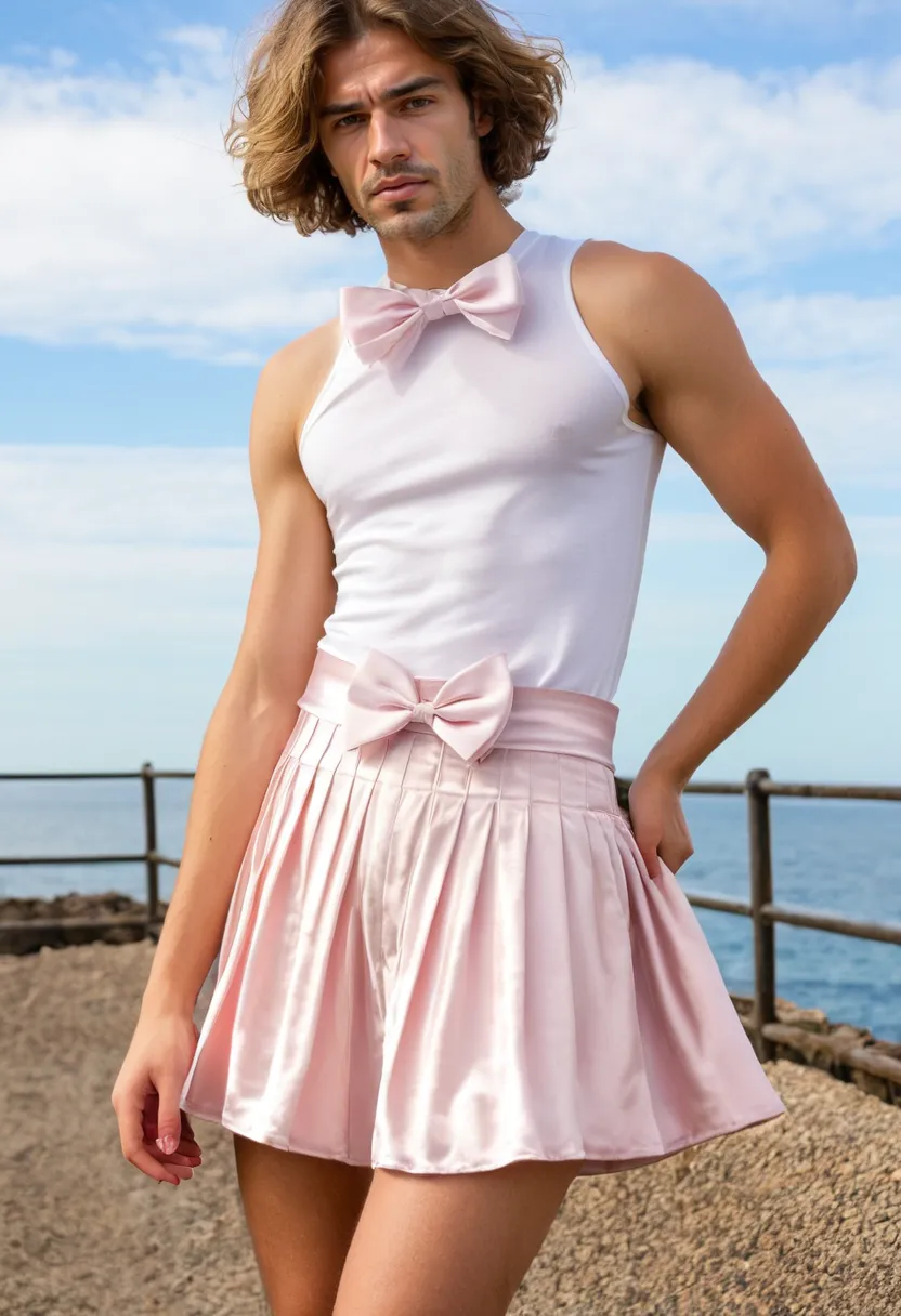 Man in a coquette-style pleated mini skirt in baby pink satin with a large side bow