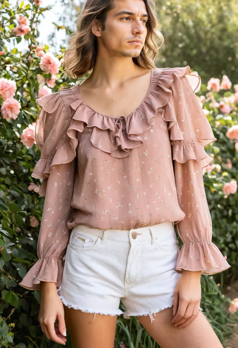 Close detail of man wearing dusty rose ruffled top with delicate floral micro-print, lightweight layered chiffon ruffles with soft uneven edges