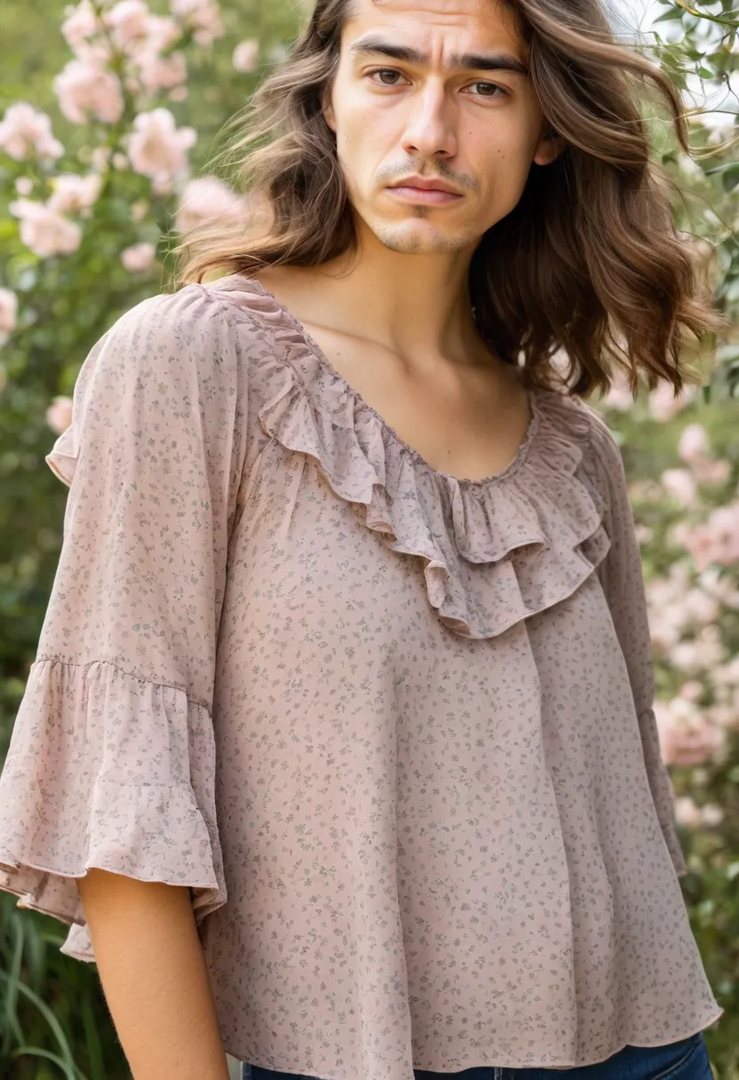 Man in dusty rose chiffon blouse featuring floral micro-print and layered ruffles across chest and shoulders with soft uneven edges creating movement