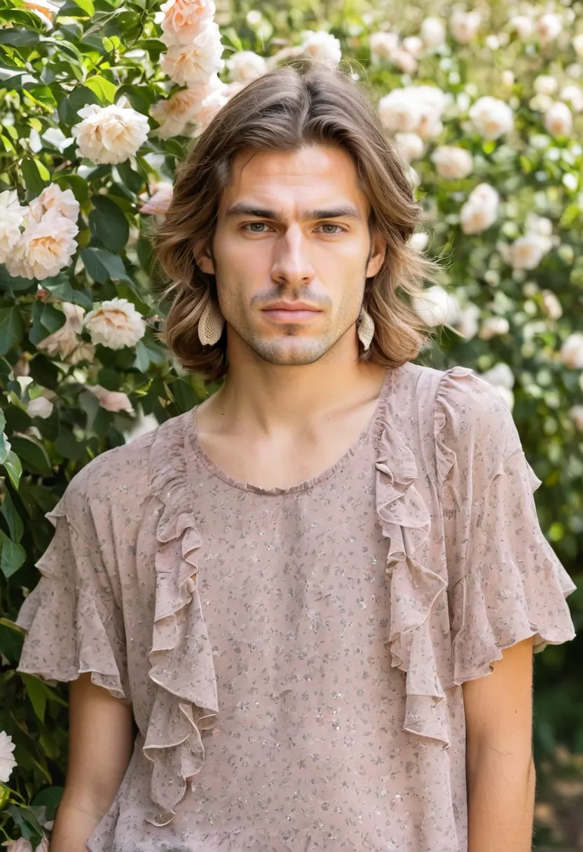 Man wearing dusty rose ruffled blouse with delicate floral micro-print, lightweight chiffon ruffles layered across chest and shoulders with uneven soft edges