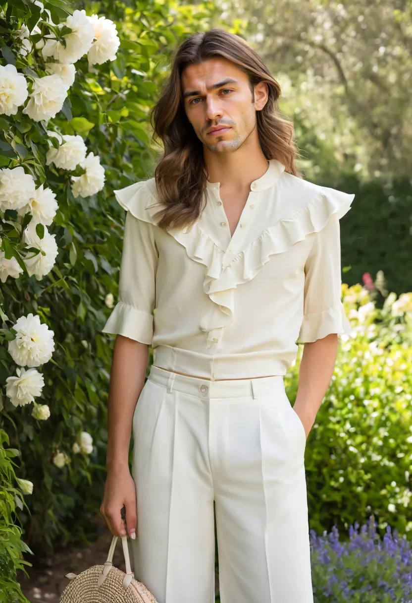man wearing a feminine ivory ruffle blouse tucked into wide-leg trousers with a cascade of ruffles down the front placket, lightweight crepe fabric