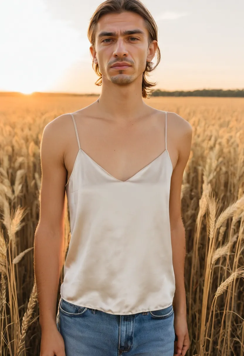 Soft ivory satin cami showing smooth fabric drape and gentle highlights on male model