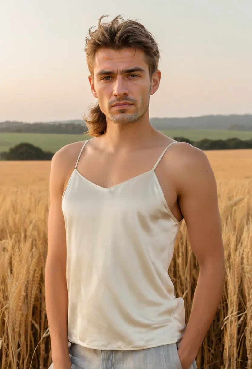 Man wearing a simple ivory satin cami top with thin straps and minimal design