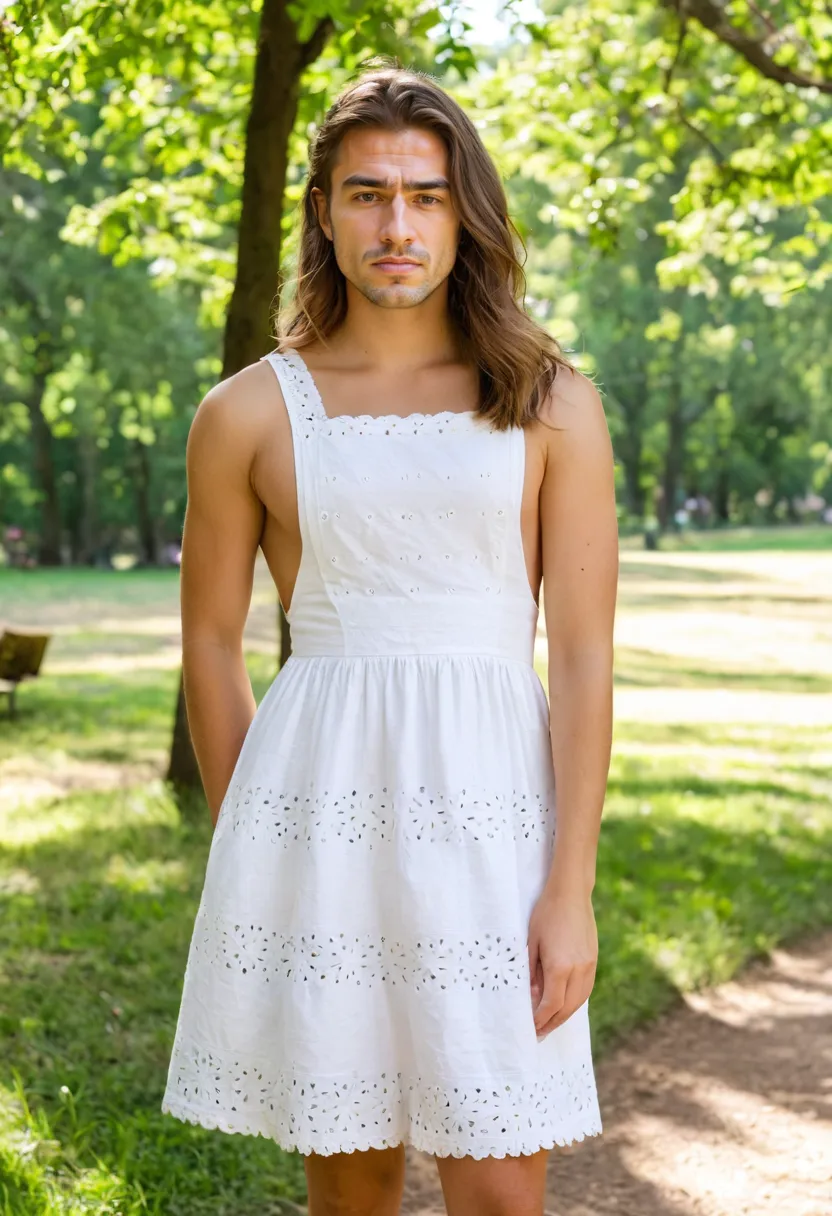 Man in crisp white eyelet summer dress with textural floral embroidery and flowing A-line skirt