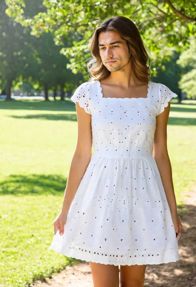 Man wearing a fresh white cotton eyelet summer dress with floral cut-out pattern and square neckline in a sunny park