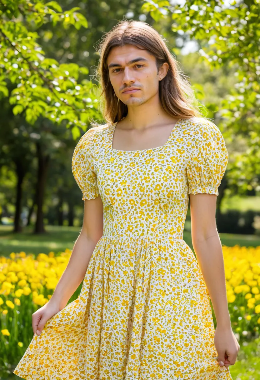 Floral printed cotton dress with short puffed sleeves and full A-line skirt on a man in sunny park