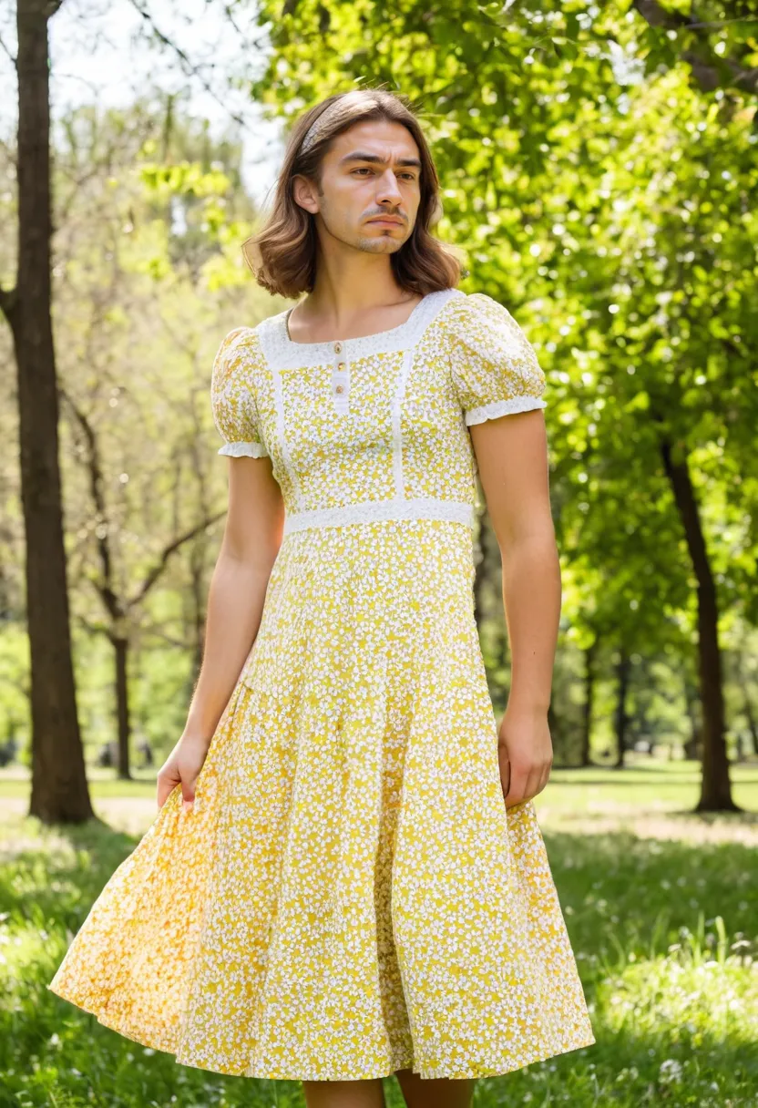 Man wearing a ditsy yellow and white floral cotton summer dress with puffed sleeves and A-line skirt