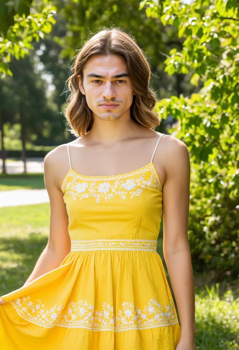 Man in a yellow A-line sundress with white embroidery and thin straps, bokeh park background.