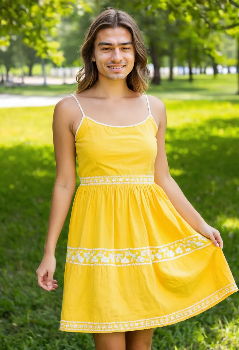 Yellow embroidered sundress with smocked bodice worn by a man, lightweight cotton with floral detail.