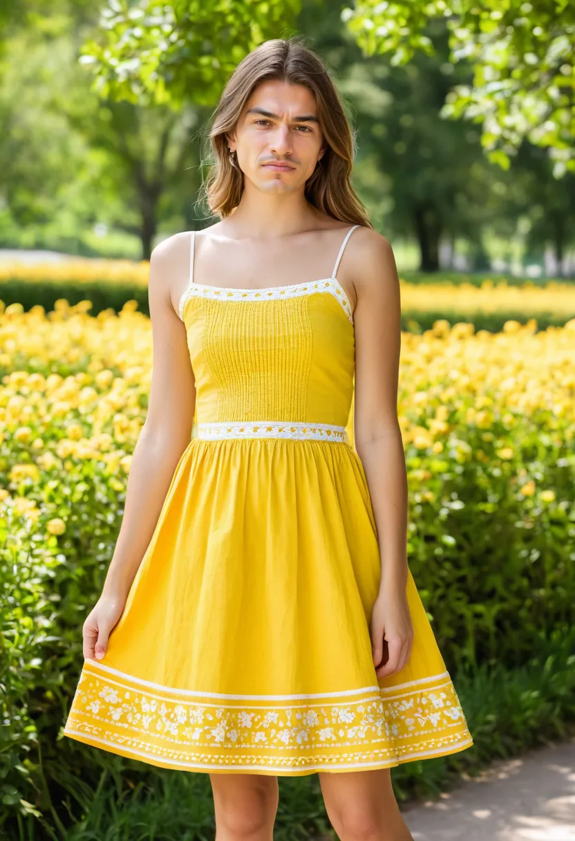 Man wearing a bright yellow cotton sundress with white floral embroidery, smocked bodice and spaghetti straps, in a sunny park.