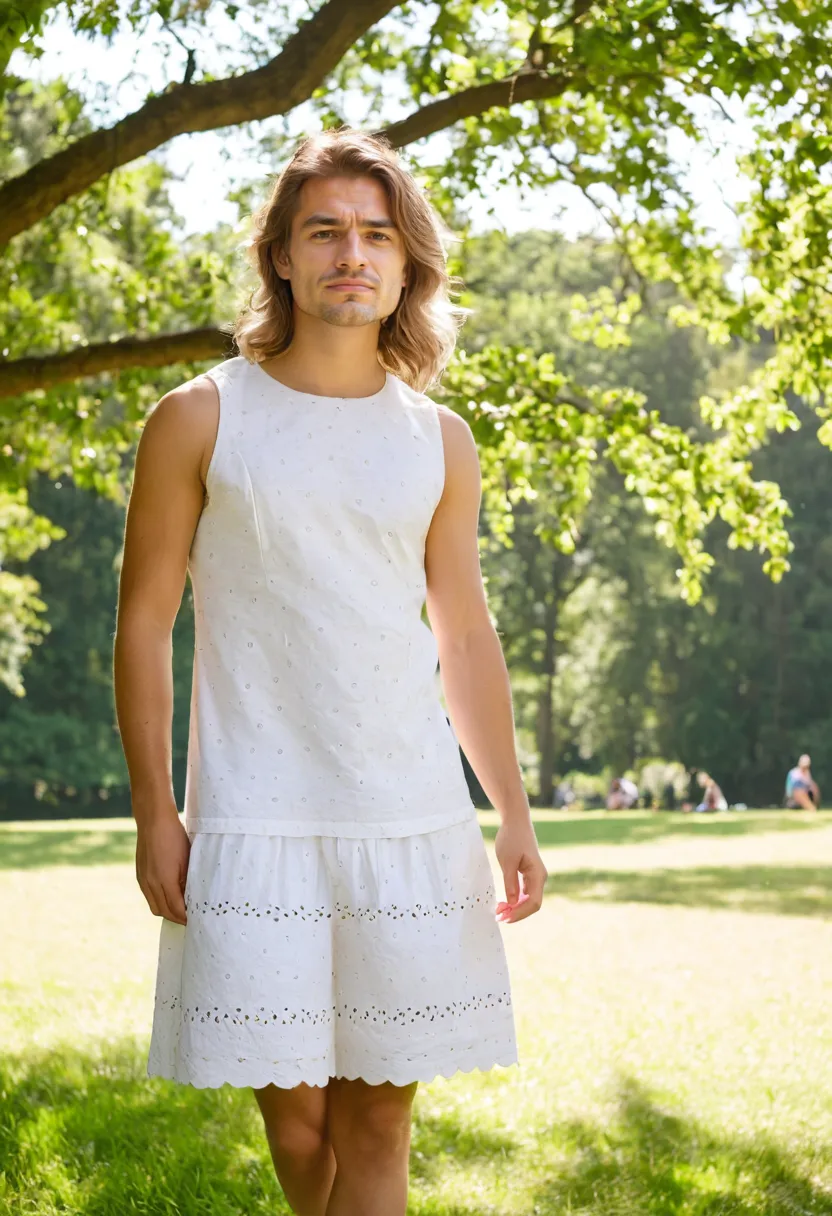 White eyelet broderie anglaise sundress with scalloped hem and intricate floral cut-out pattern.