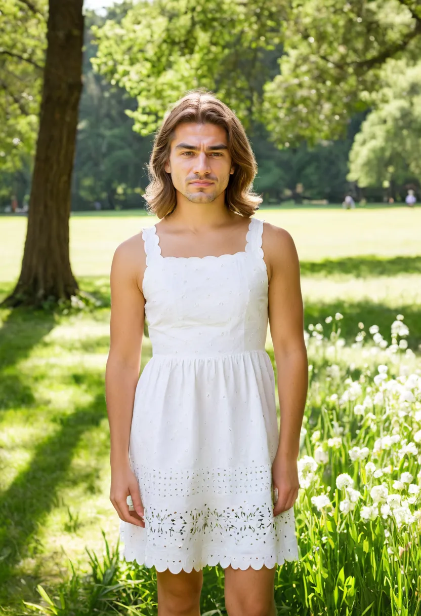 Man wearing a white broderie anglaise sundress with eyelet embroidery, fitted bodice and scalloped A-line hem.