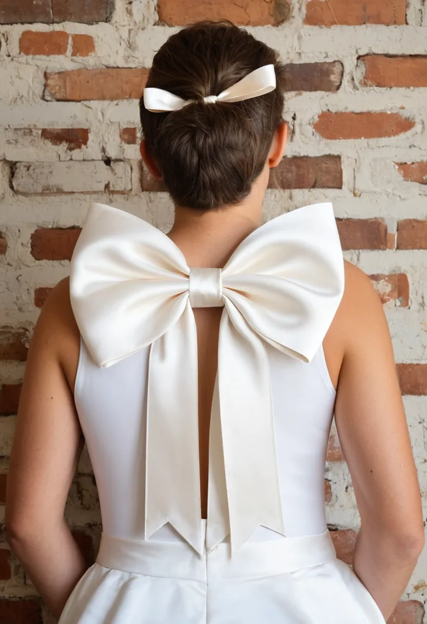 Close view of a thick lustrous ivory satin ribbon tied into a full voluminous bow in an industrial loft