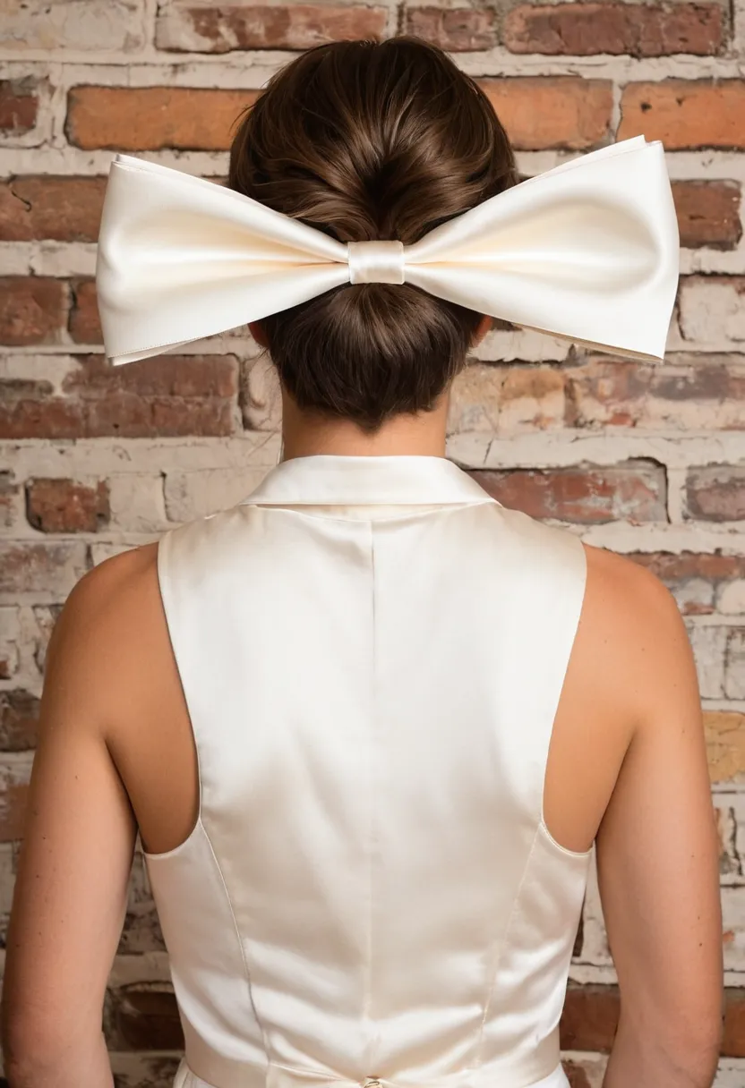 Man wearing a giant ivory satin statement bow at the back of his head with extremely large rounded loops against a brick wall