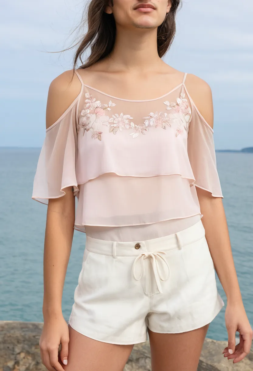 man wearing a sheer soft blush pink chiffon blouse with delicate floral embroidery layered over fitted white camisole, completely transparent outer layer showing inner garment clearly