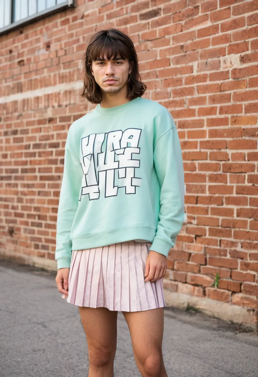 Man wearing a harajuku-inspired wearable outfit with oversized graphic sweatshirt and pastel pleated mini skirt