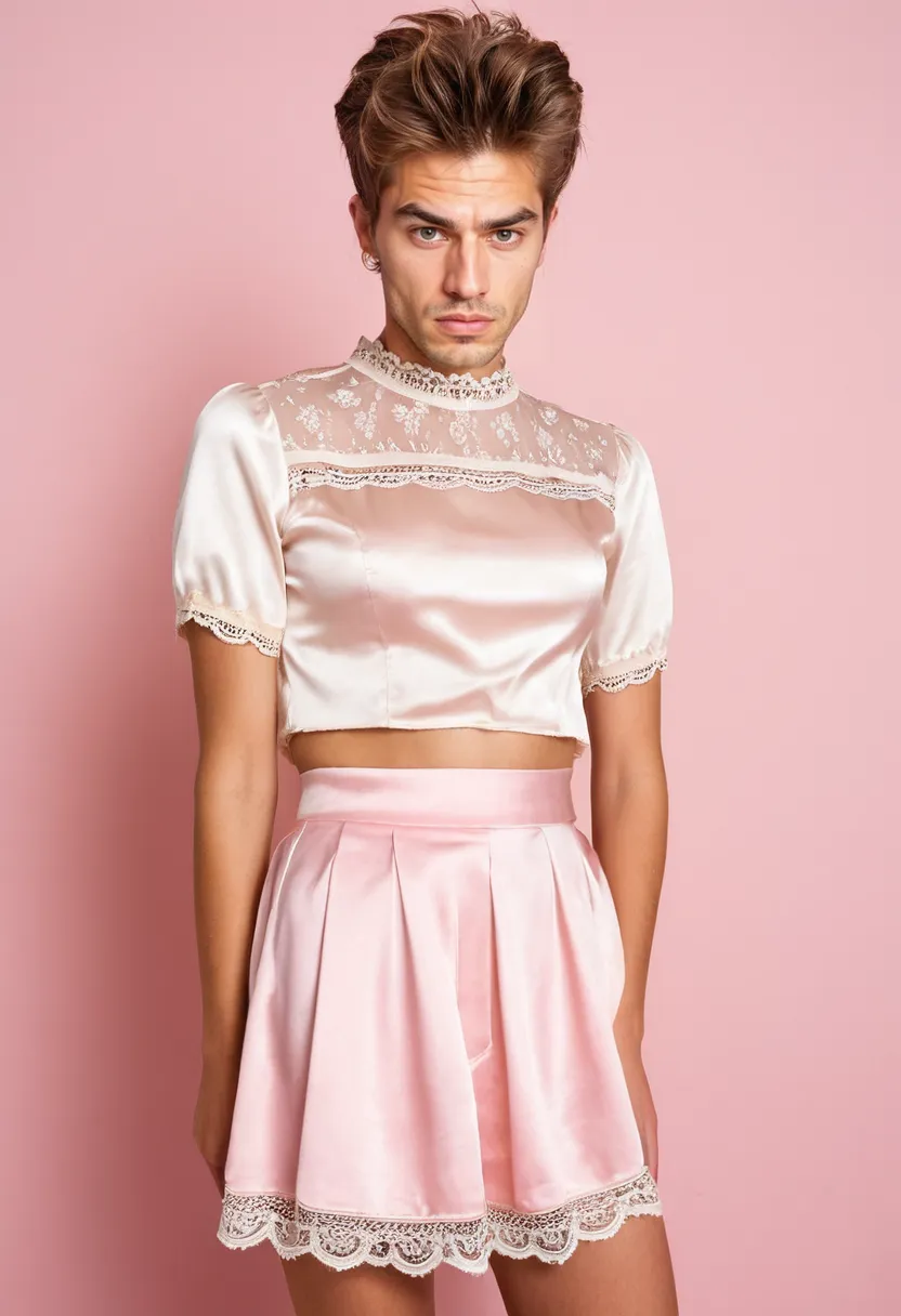 A coquette aesthetic outfit in baby pink satin and cream lace, combining high-sheen fabric and delicate openwork textures under neon noir studio lighting.