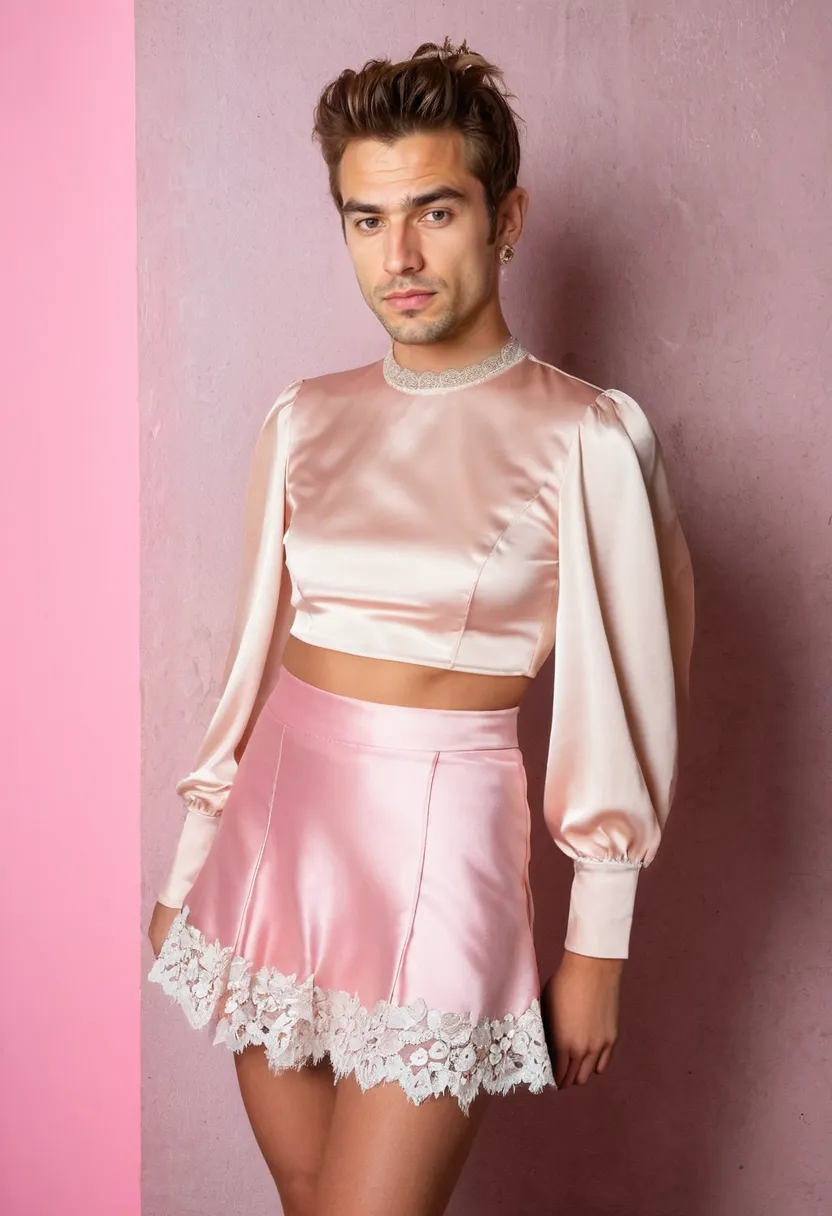A boy in a monochromatic pink coquette look featuring a glossy satin skirt paired with a cream lace-trimmed blouse, shot against holographic neon noir lighting.