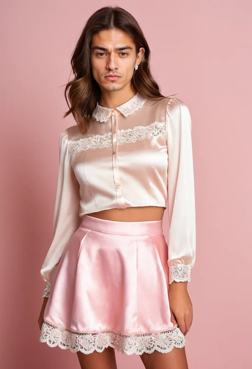 A boy wearing an all-pink coquette outfit with a baby pink satin skirt and cream lace-trim blouse, high-sheen satin against delicate lace, neon noir studio background with holographic accents.