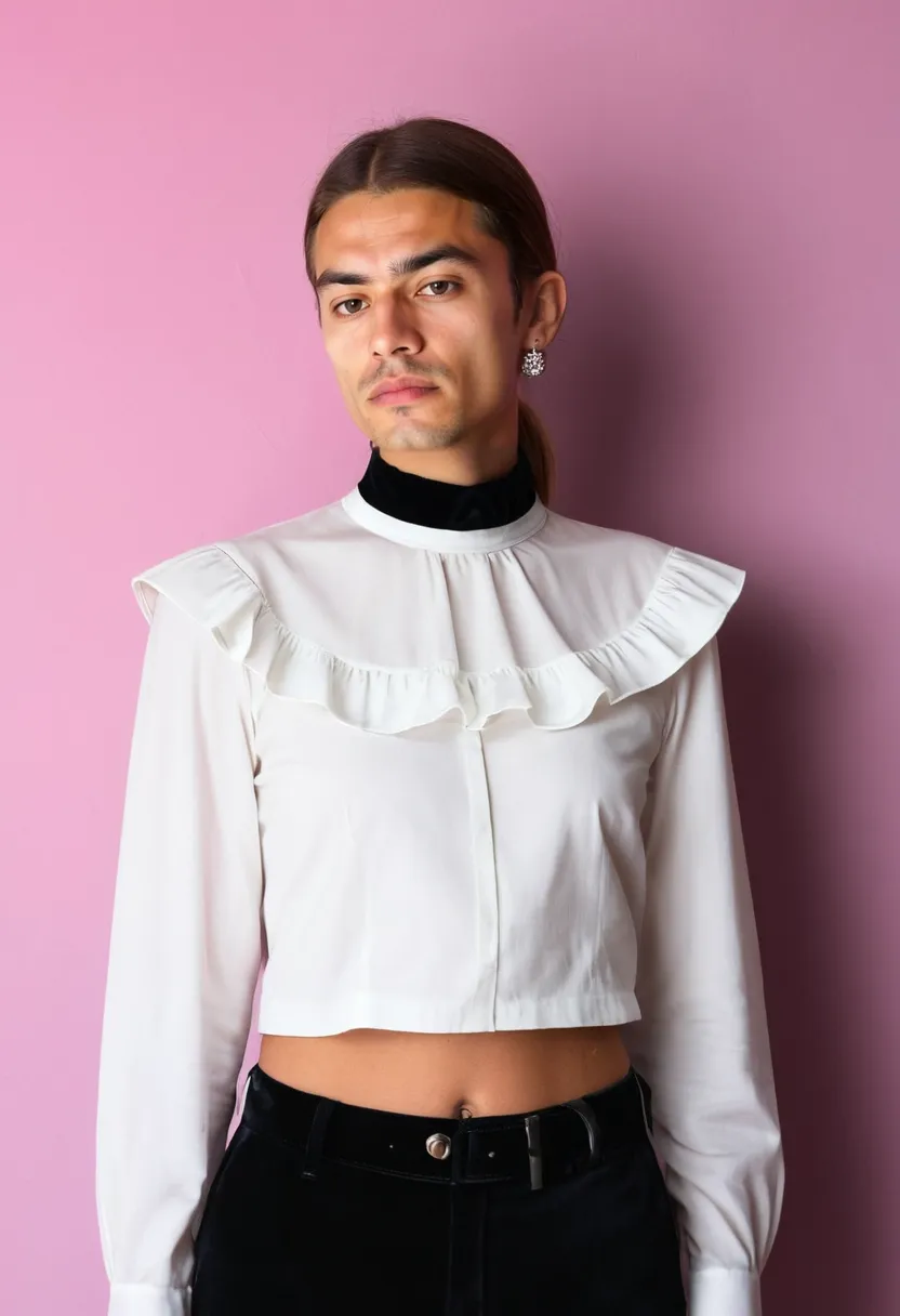 Coquette accessories detail: a white ruffled blouse with a black velvet choker, lightweight romantic fabric meeting graphic velvet in a holographic neon noir studio.