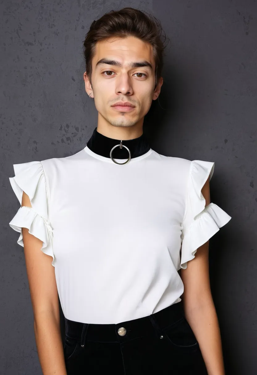 A coquette styled look featuring a white ruffled blouse paired with a black velvet choker, soft blouse fabric against sharp velvet neckline under neon noir lighting.
