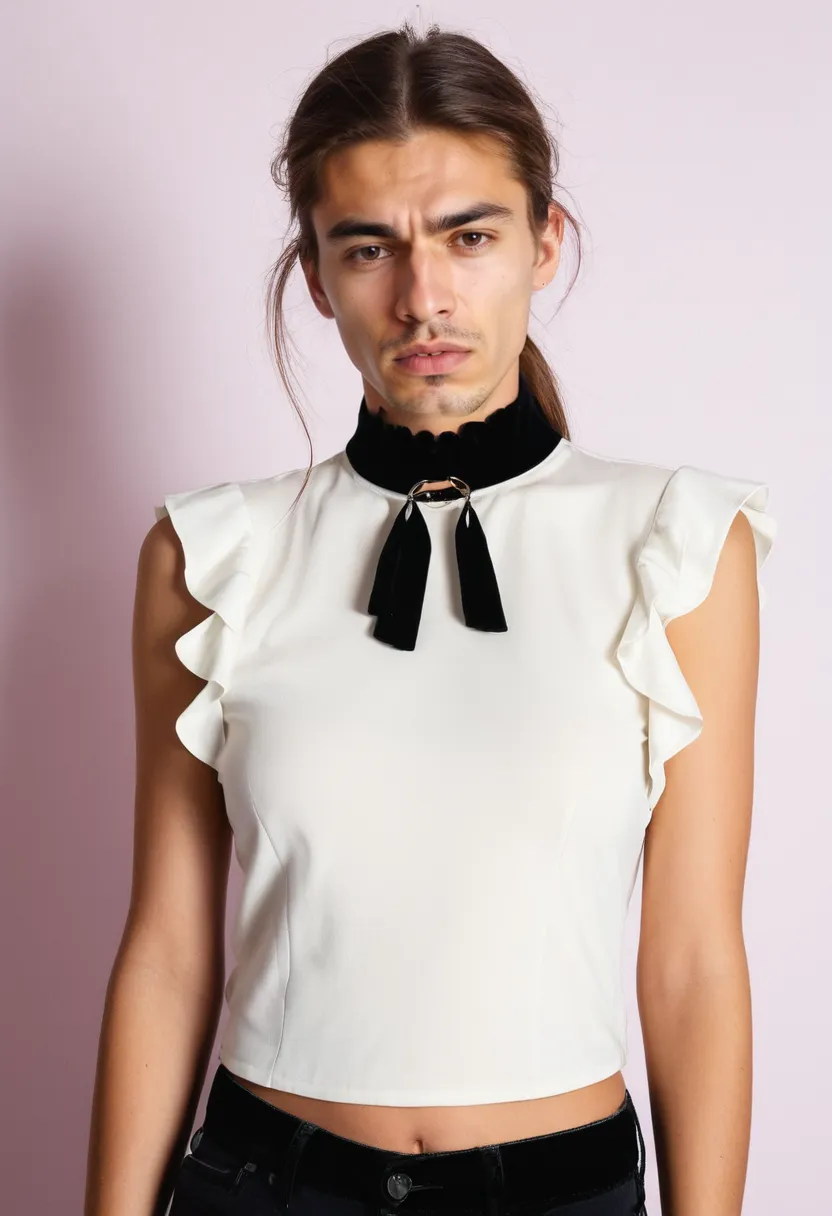 A man wearing a white ruffled blouse with a black velvet choker, soft lightweight fabric contrasted against graphic velvet accessory, shot in a neon noir studio with holographic accents.