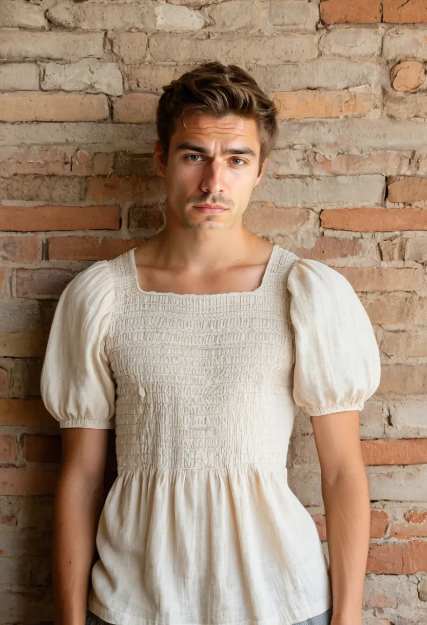 A boy wearing a cottagecore smocked blouse in pale cream linen with a hand-smocked bodice, textured front panel, and wide puff sleeves, against an industrial brick wall.