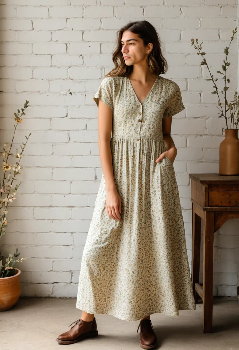 A man wearing a dusty floral cottagecore dress in muted earth tones with soft ochre and sage green floral print on cream linen, in a relaxed fit, against an industrial brick wall.