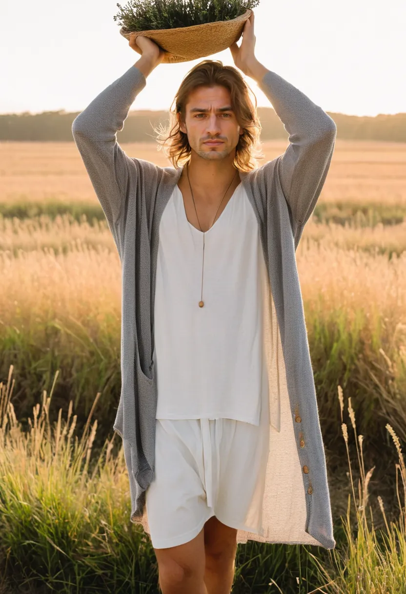 A soft grey oversized cardigan draped over a flowy dress with wide relaxed sleeves and open front panels in warm sunset light.