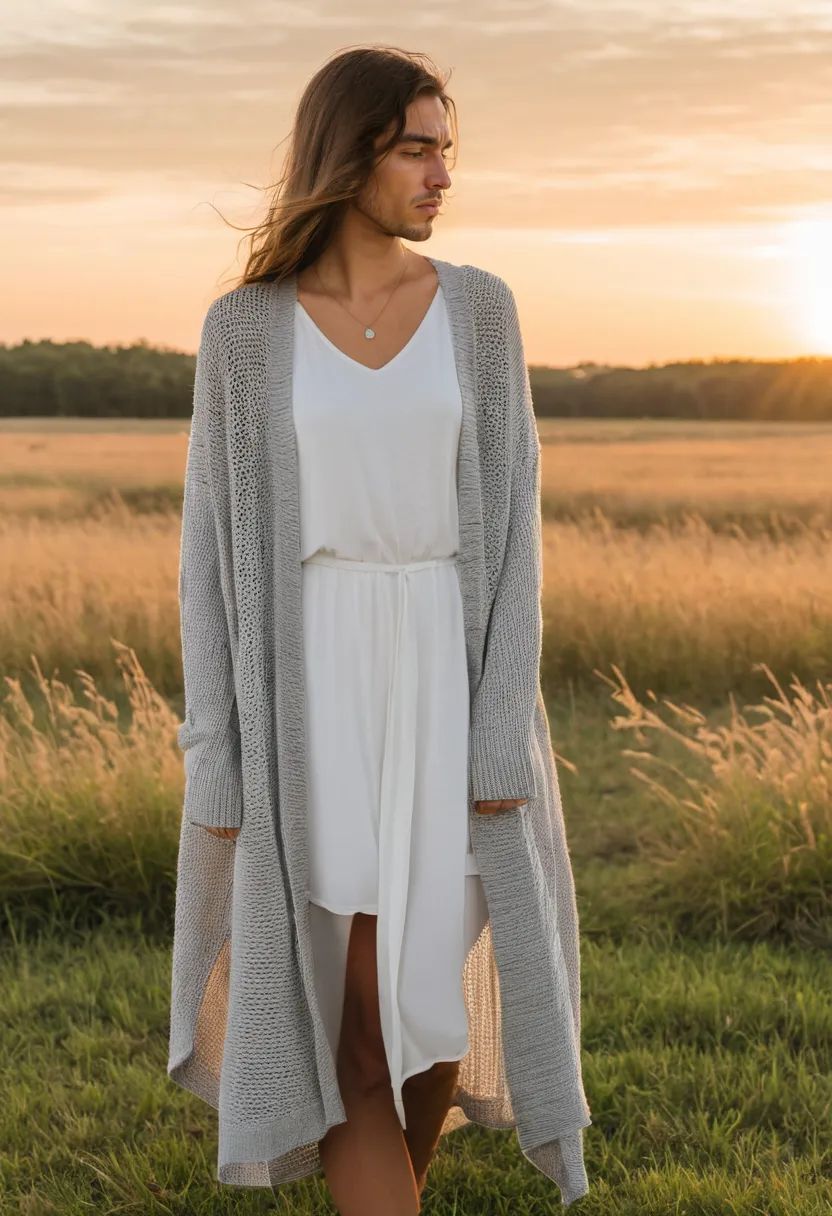A man wearing a long oversized soft grey cardigan with fine open knit draped over a flowy dress, front panels falling open with wide relaxed sleeves, sunset field.