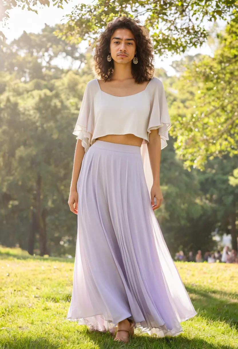 Man wearing a crop top layered over a longer flowing dress with soft lilac chiffon outer layer and pale ivory inner dress visible below
