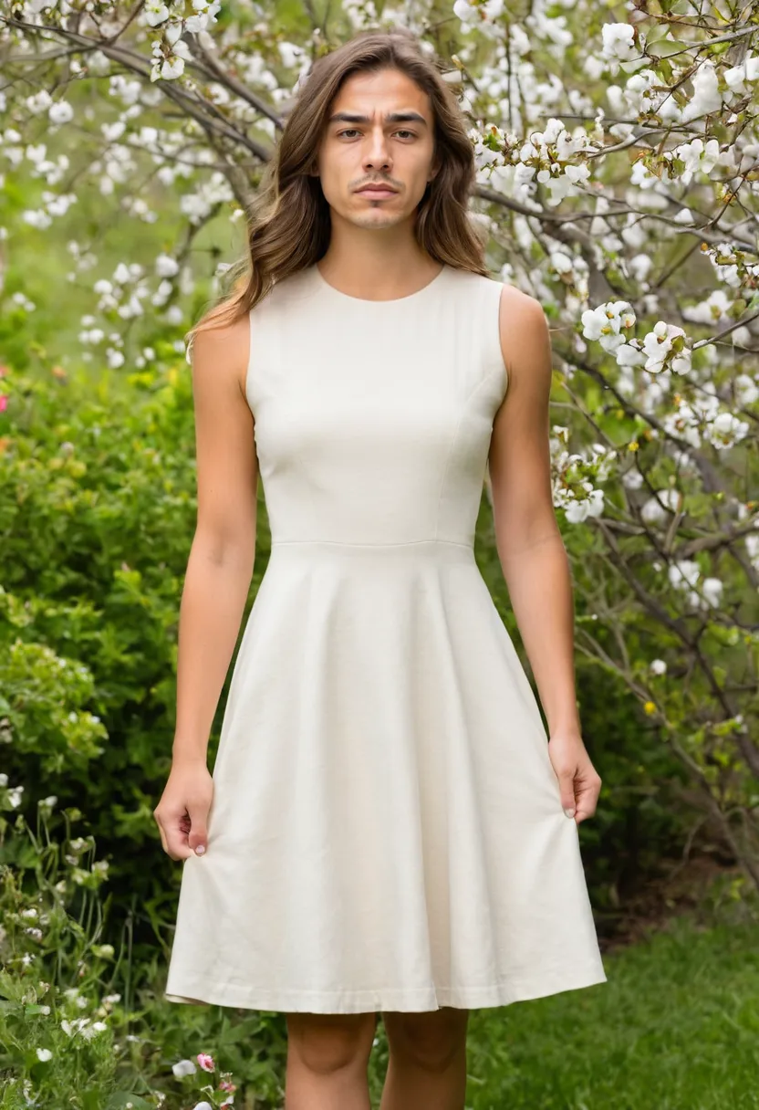 Detail of the fitted bodice and defined waist seam of an ivory A-line dress worn by a man
