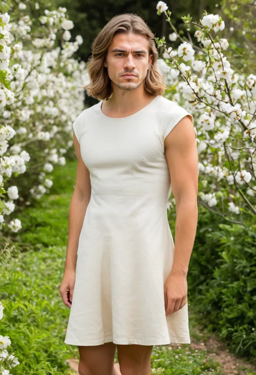 Side view of a man in an ivory A-line cotton dress, the skirt gently swaying at knee length