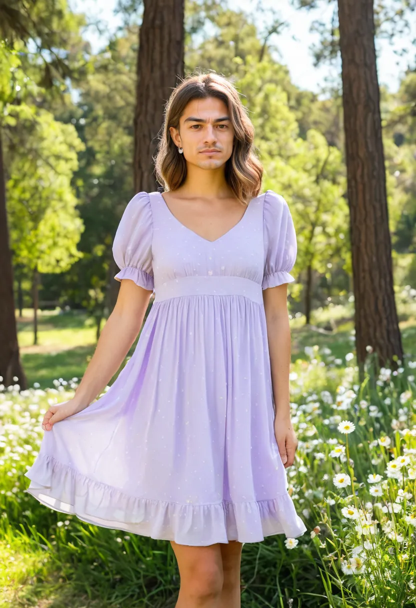 man wearing a lavender tiered babydoll dress with daisy print in a bokeh park background
