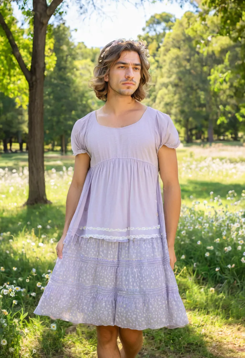 man in a soft chiffon babydoll dress with empire waist and puff sleeves with elastic cuffs