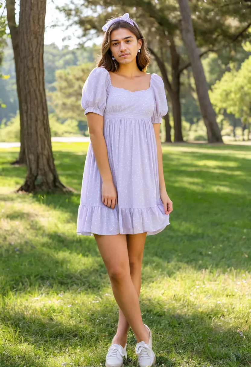 man wearing a sweet pale lavender babydoll dress with chiffon overlay and scattered daisy print in a sunny park