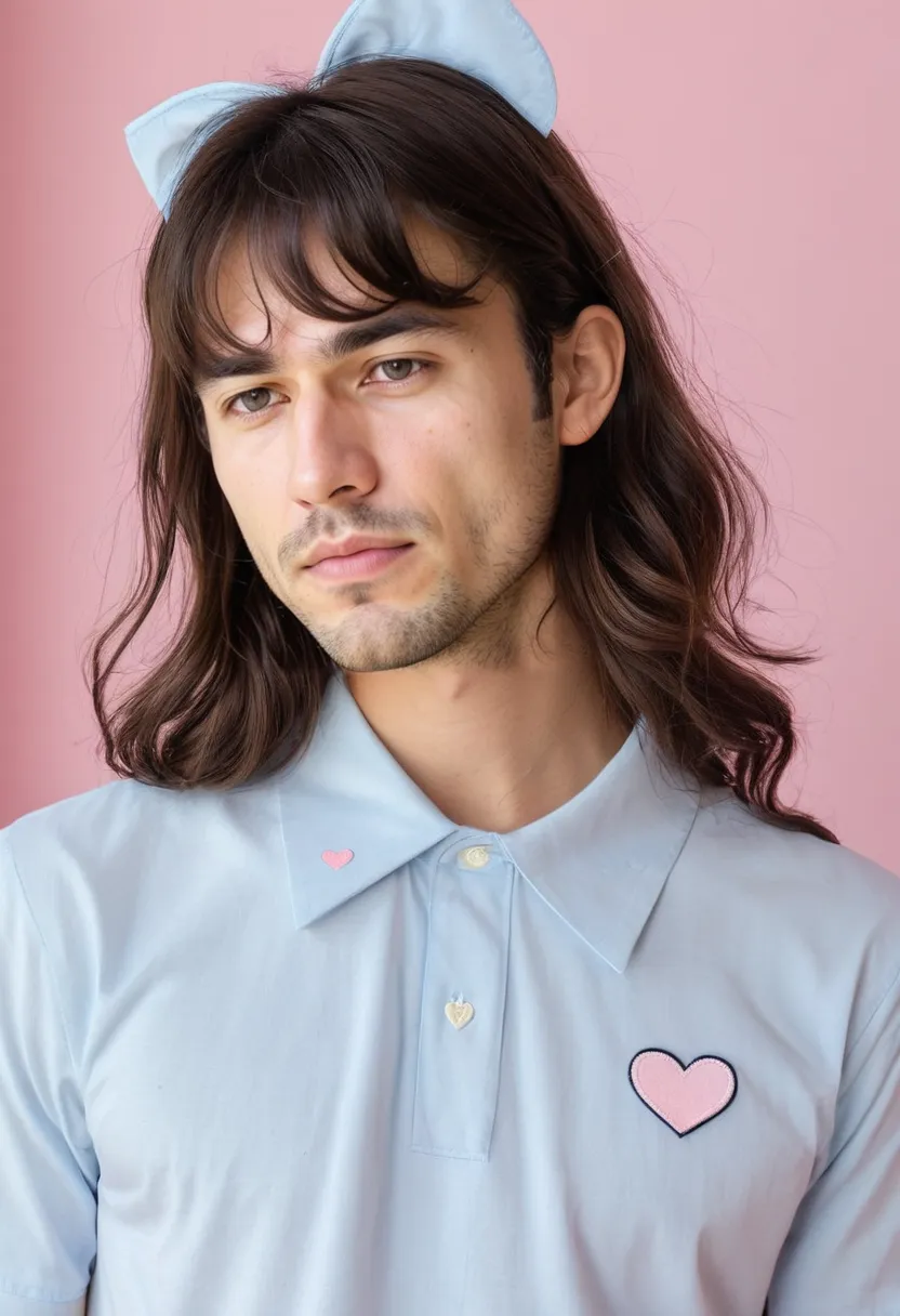 Man in minimalist kawaii style wearing clean-cut pastel blue cotton blouse with small heart embroidery, neon noir studio background