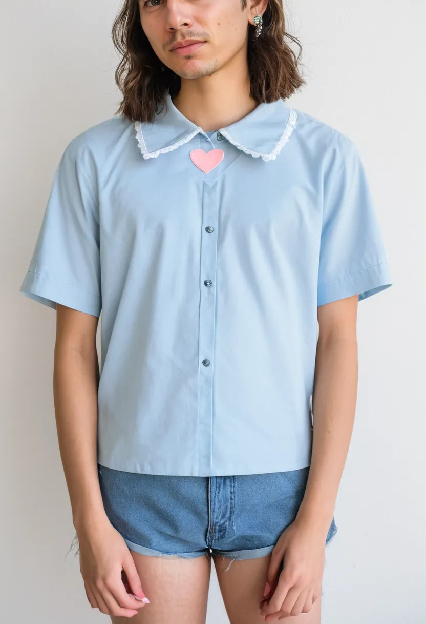 Cute kawaii aesthetic for boys shown through a minimal pastel blue blouse with one embroidered heart, soft cotton fabric