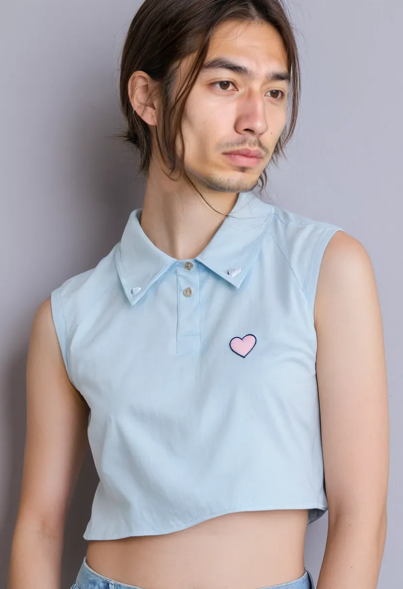 A man wearing a wearable kawaii-inspired pastel blue blouse in soft cotton with a clean cut and a single embroidered heart detail