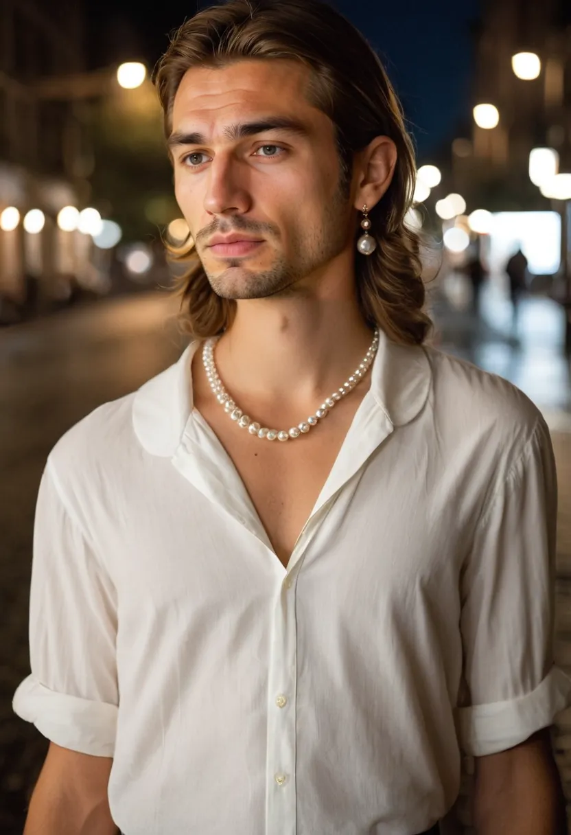 Delicate pearl earrings against white blouse collar under night street lighting