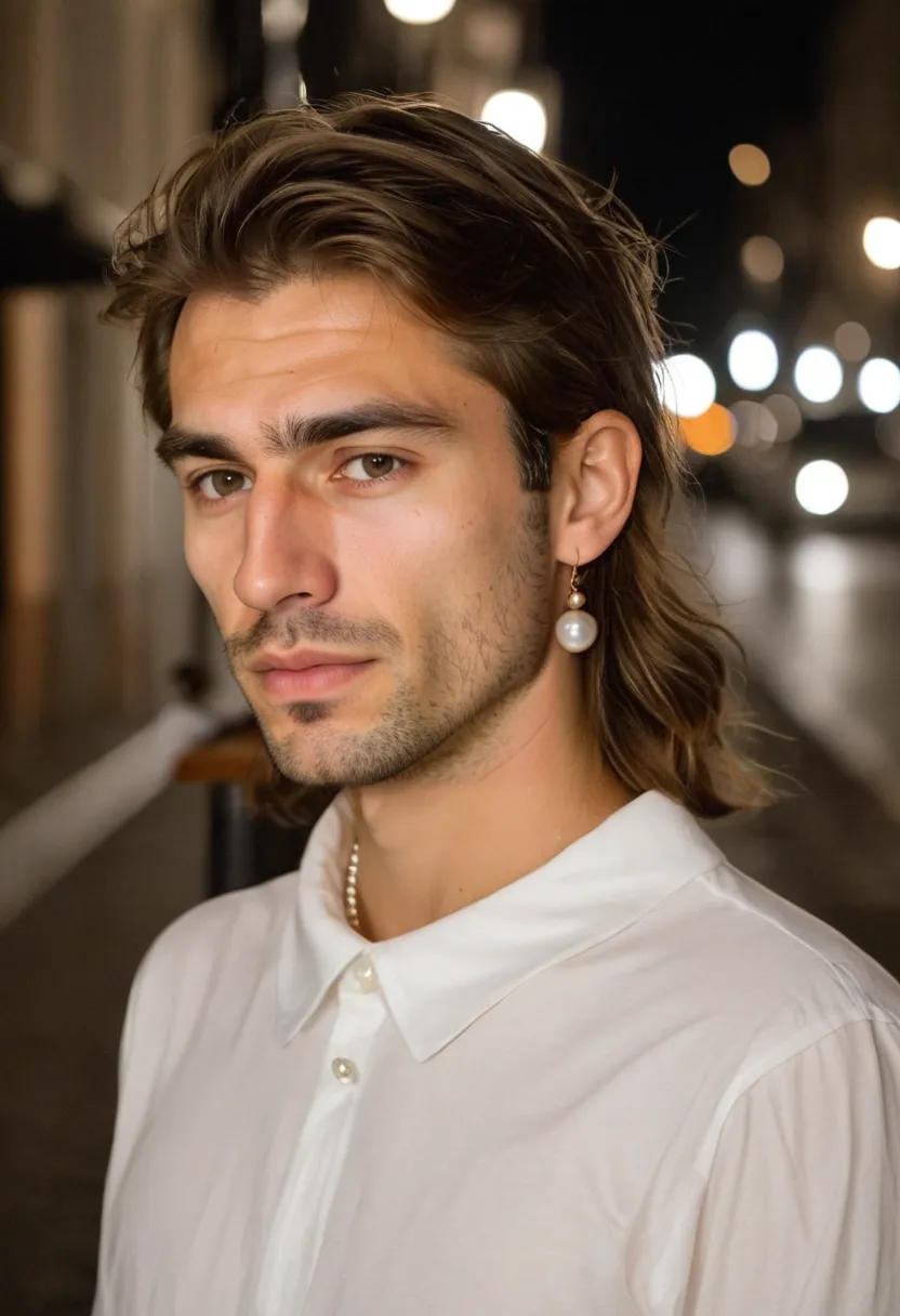Close view of pearl drop earrings worn by a boy in a white blouse with a wide collar