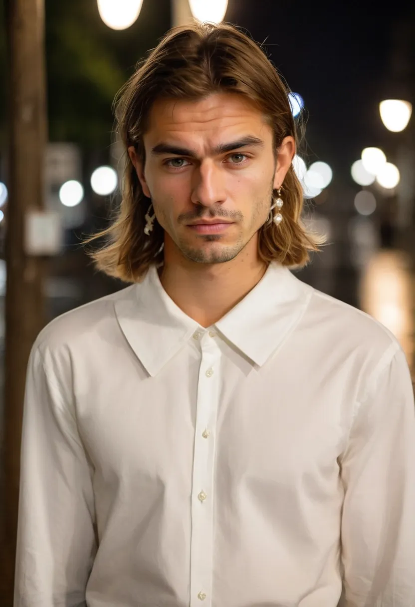 Man in soft white blouse with wide collar framing small pearl drop earrings on empty night street with wet pavement