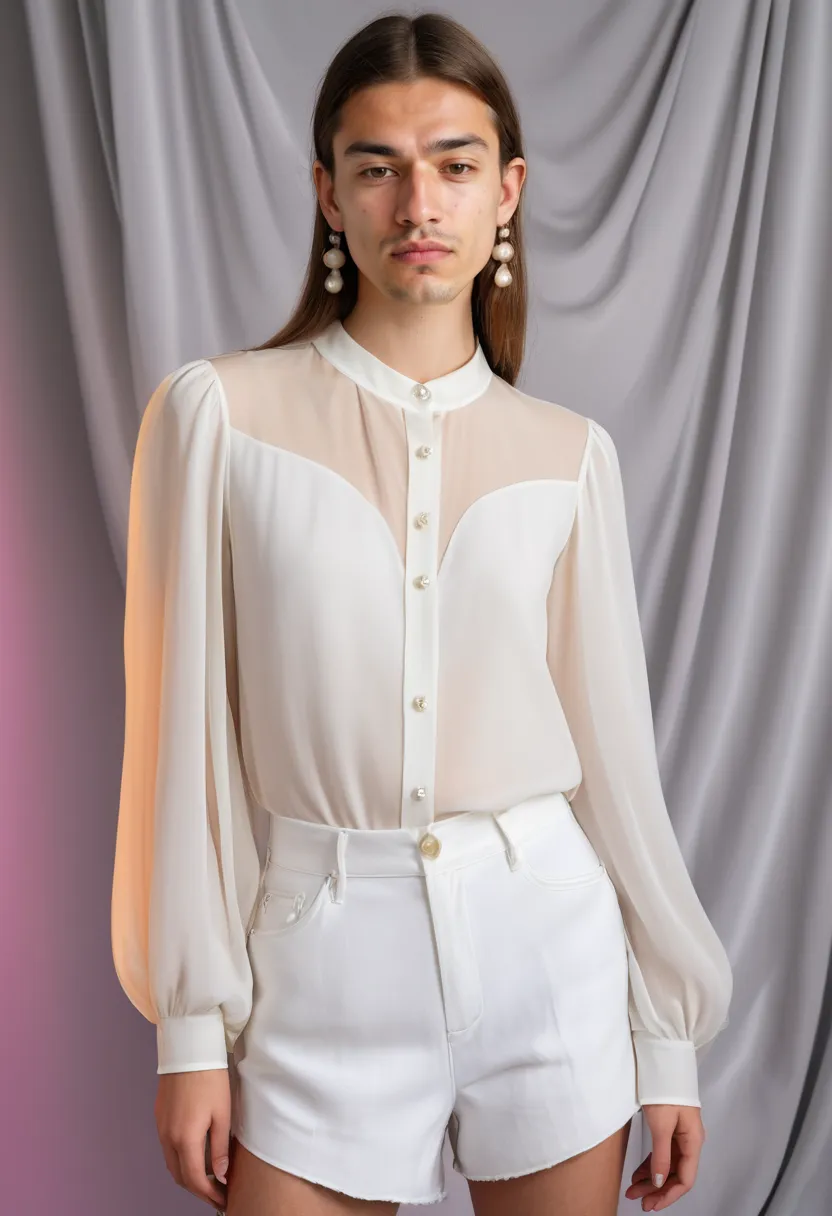 White chiffon blouse with pearl button details, angelic weightless fabric, dreamy feminine aesthetic for boys under holographic neon noir lighting