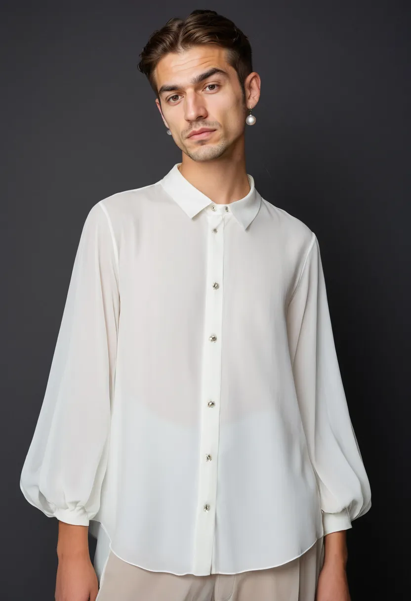 A boy wearing a dreamy white chiffon outfit with pearl button details, soft flowing semi-sheer blouse with an angelic weightless quality, set in a neon noir studio with holographic accents
