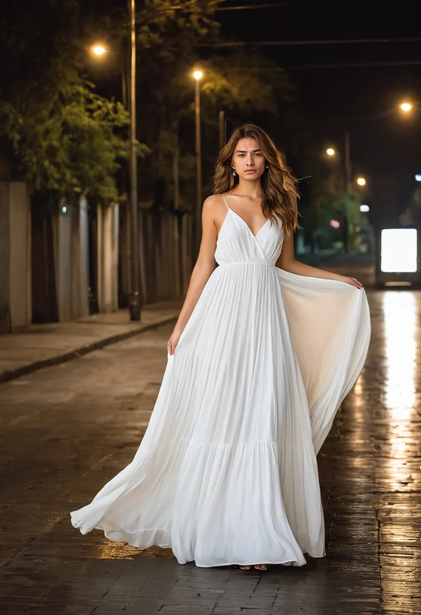 Dreamy white silver outfit with flowing chiffon maxi dress billowing in motion, translucent volume captured on empty night street