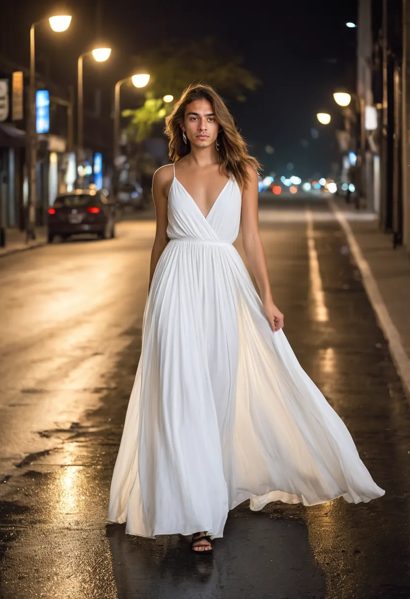 A man wearing a flowing white maxi dress in lightweight chiffon with dramatically billowing fabric and generous volume, translucent layers visible against a wet night street