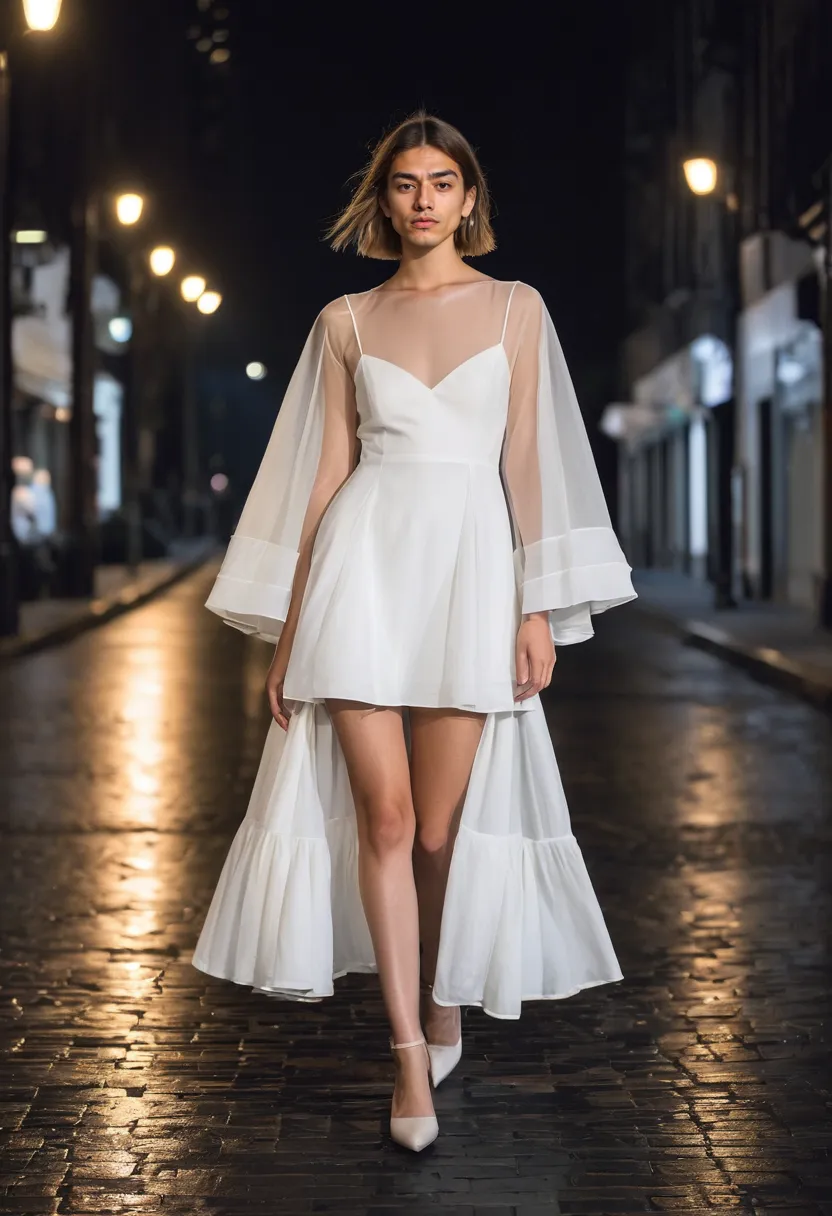 Sculptural multi-layered white organza silhouette photographed on a wet pavement at night, translucent fabric catching reflected light