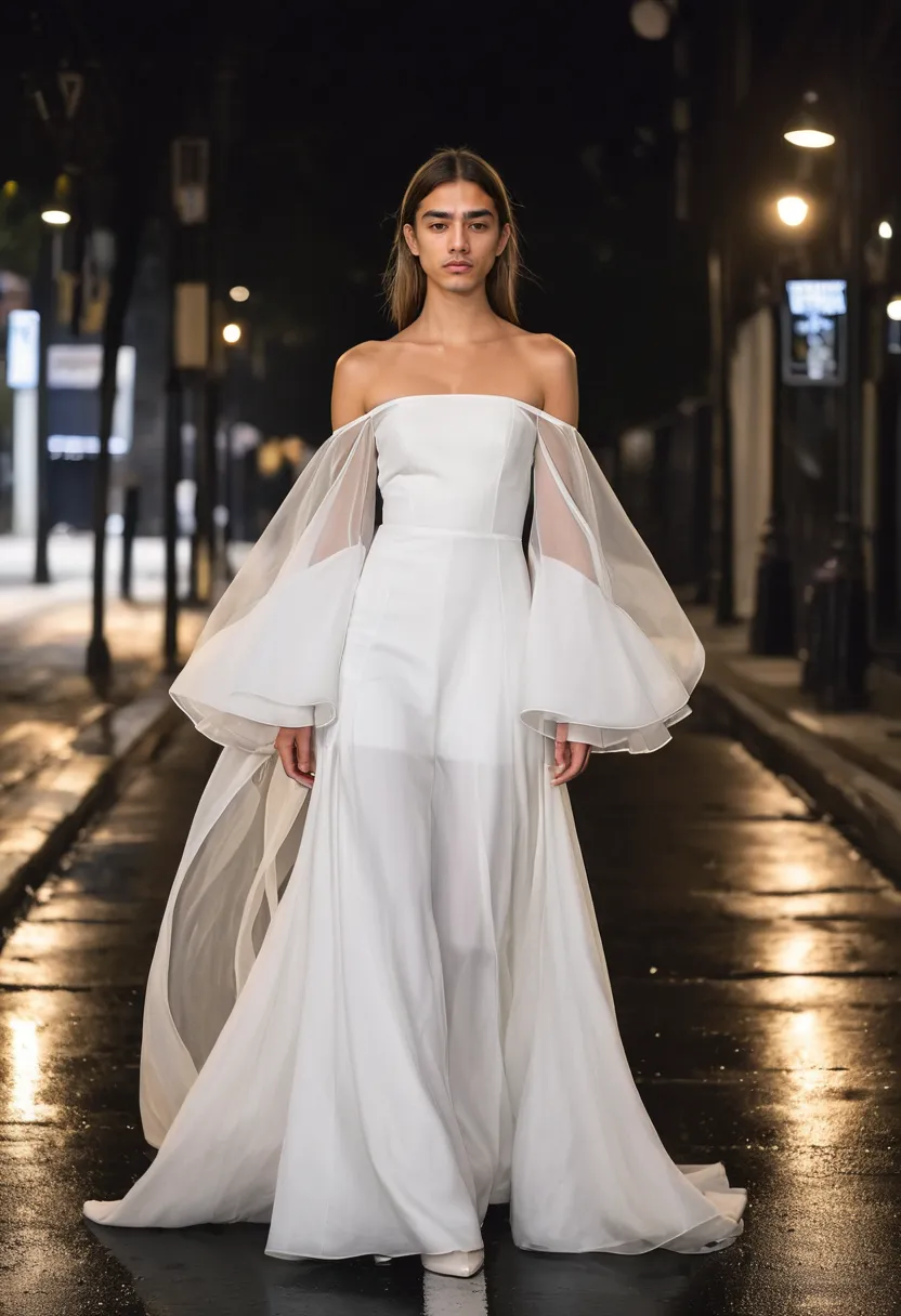 A man wearing an otherworldly ethereal look with a layered white organza dress, wide stiff sleeves, and crisp translucent fabric against an empty night street with wet pavement