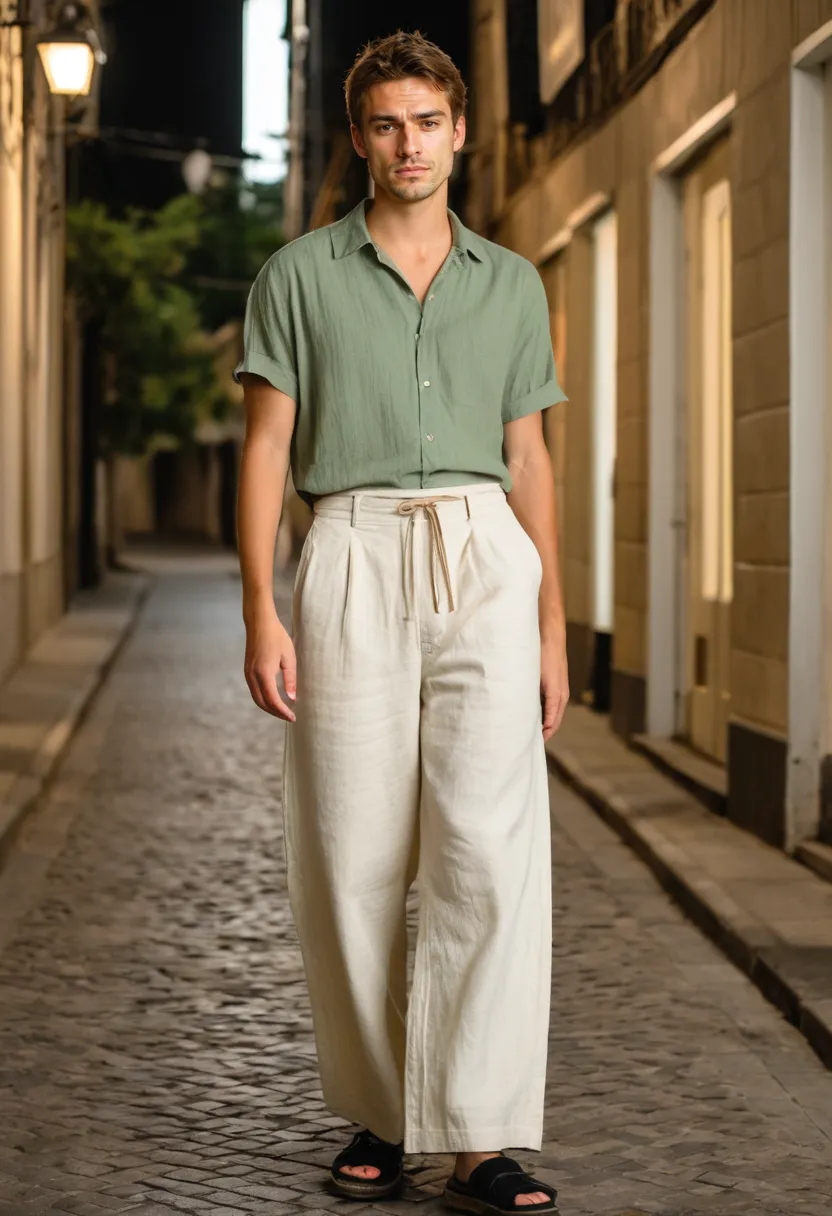 Relaxed feminine outfit with soft green top and cream linen trousers, natural fabric styling